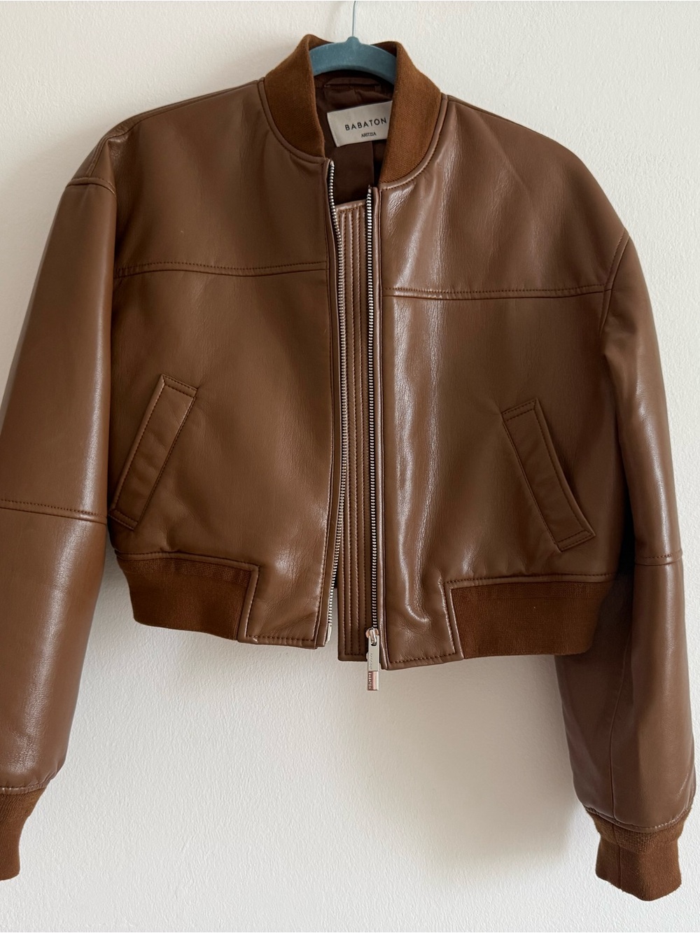 Babaton Brown Leather Bomber Jacket size xs/small